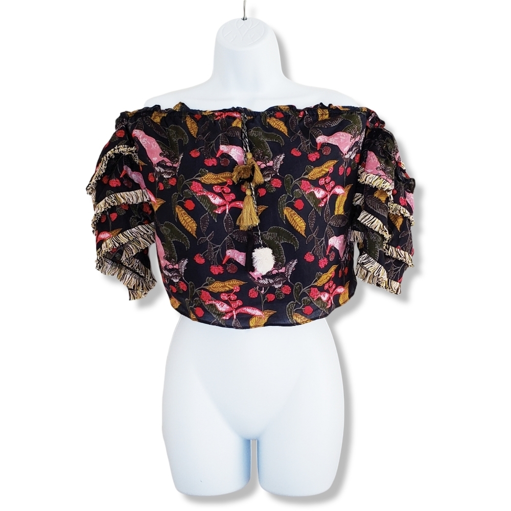 Red Carter Koral Off Shoulder Bird Print Ruffle Tassel Top Small